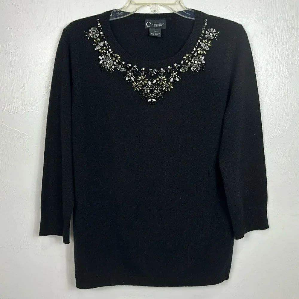 C By Bloomingdale's Cashmere Jeweled Neck 3/4 Sleeve Sweater Size XL